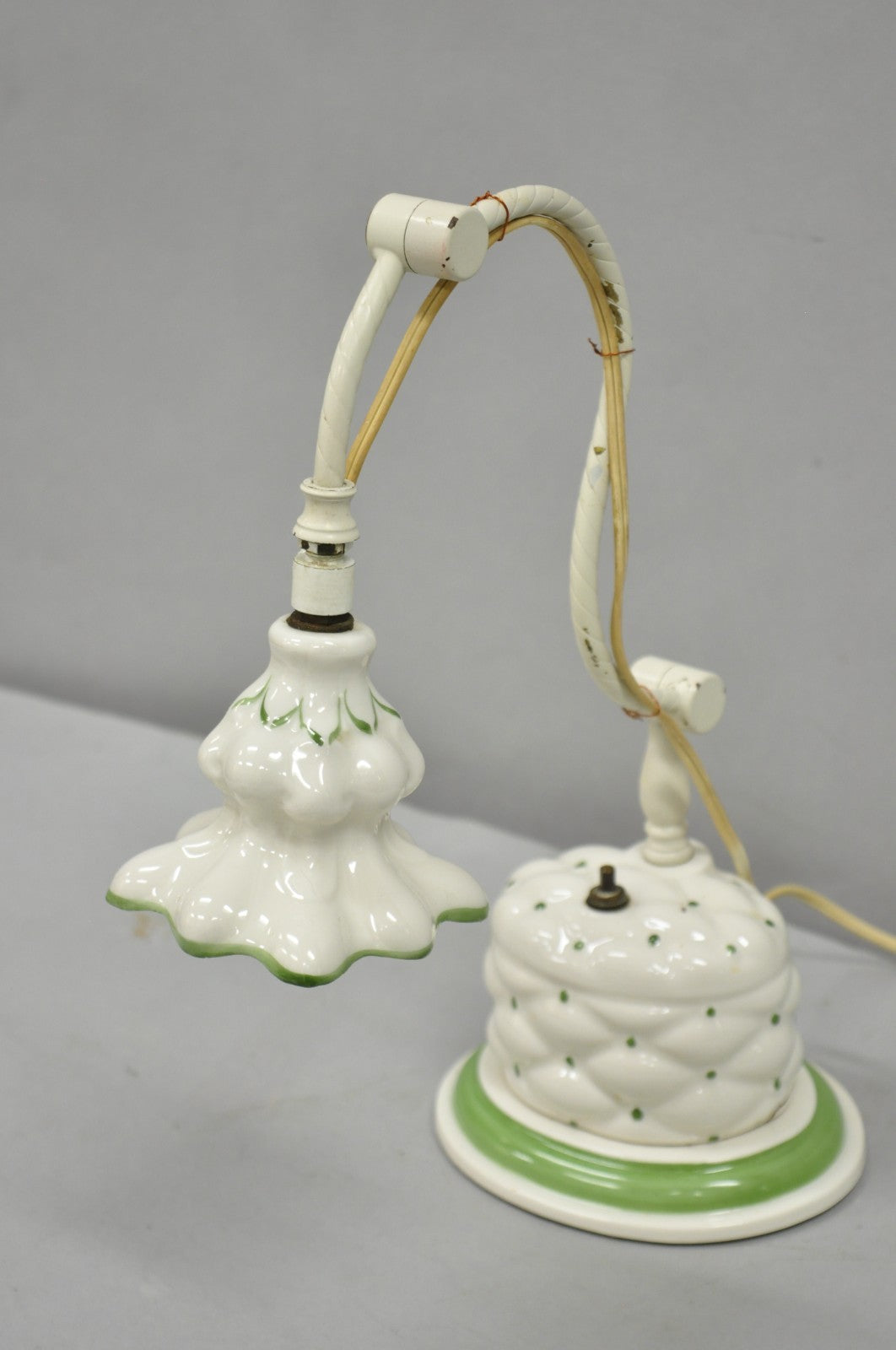 Antique French Art Deco Quilted Porcelain Small Adjustable Boudoir Bedside Lamp
