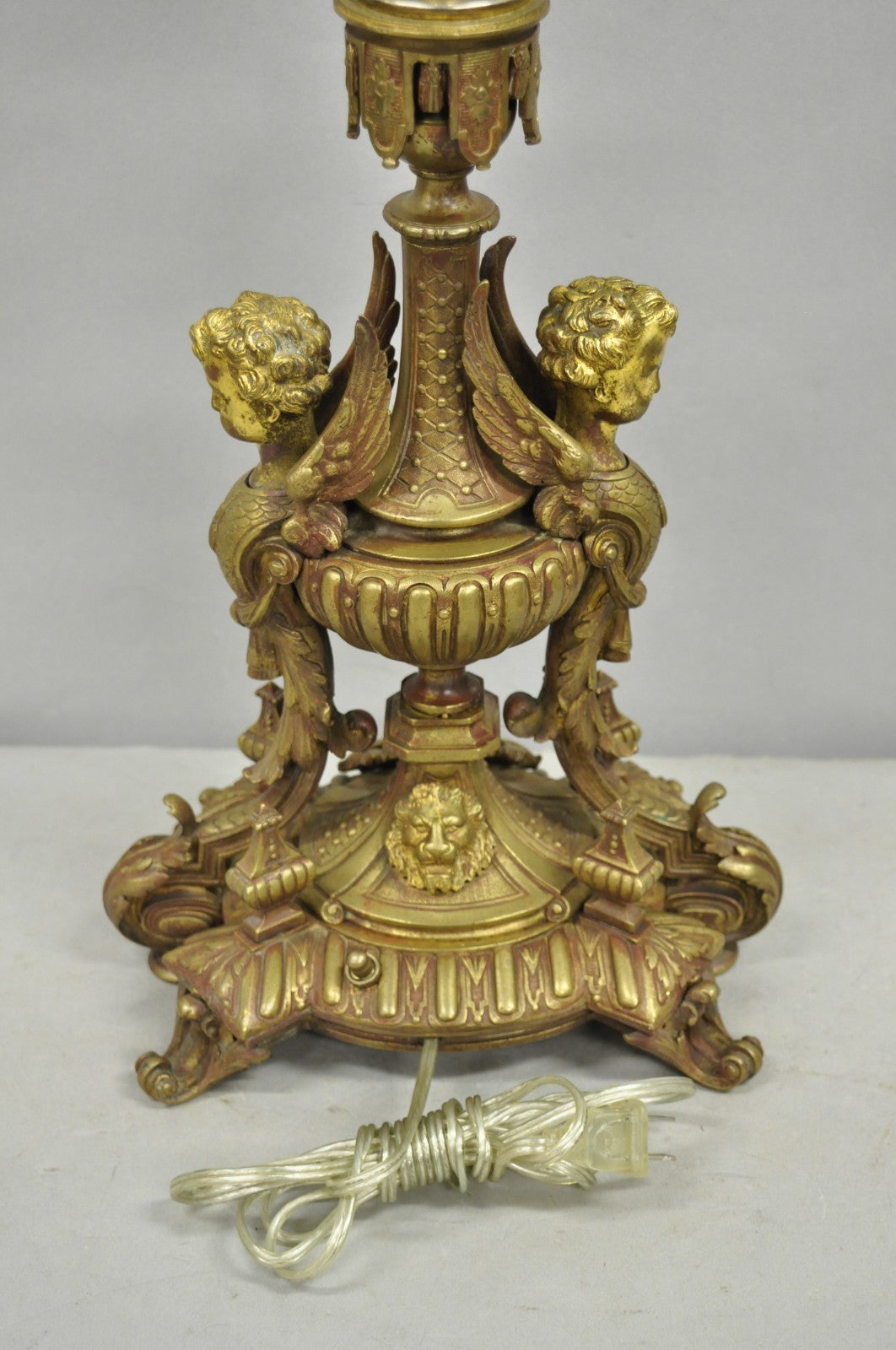 Antique French Louis XV Style Bronze Figural Winged Cherub Gold Table Lamp