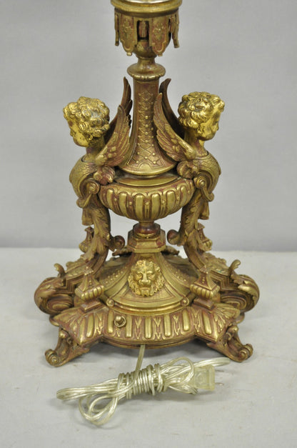 Antique French Louis XV Style Bronze Figural Winged Cherub Gold Table Lamp