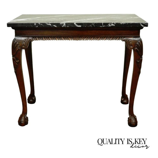 Vintage Mahogany Chippendale Style Ball and Claw Marble Top Console Hall Table