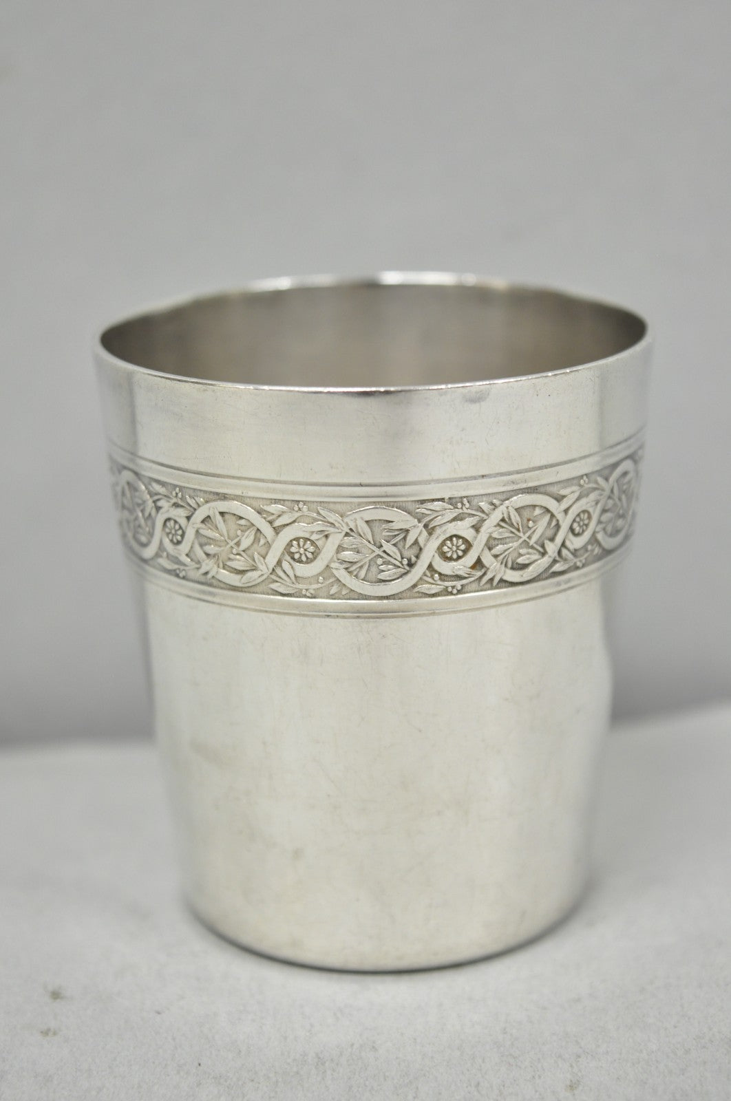 Antique Christofle French Silver Plated Shot Glass Goblet Cup w/ Wreath Pattern