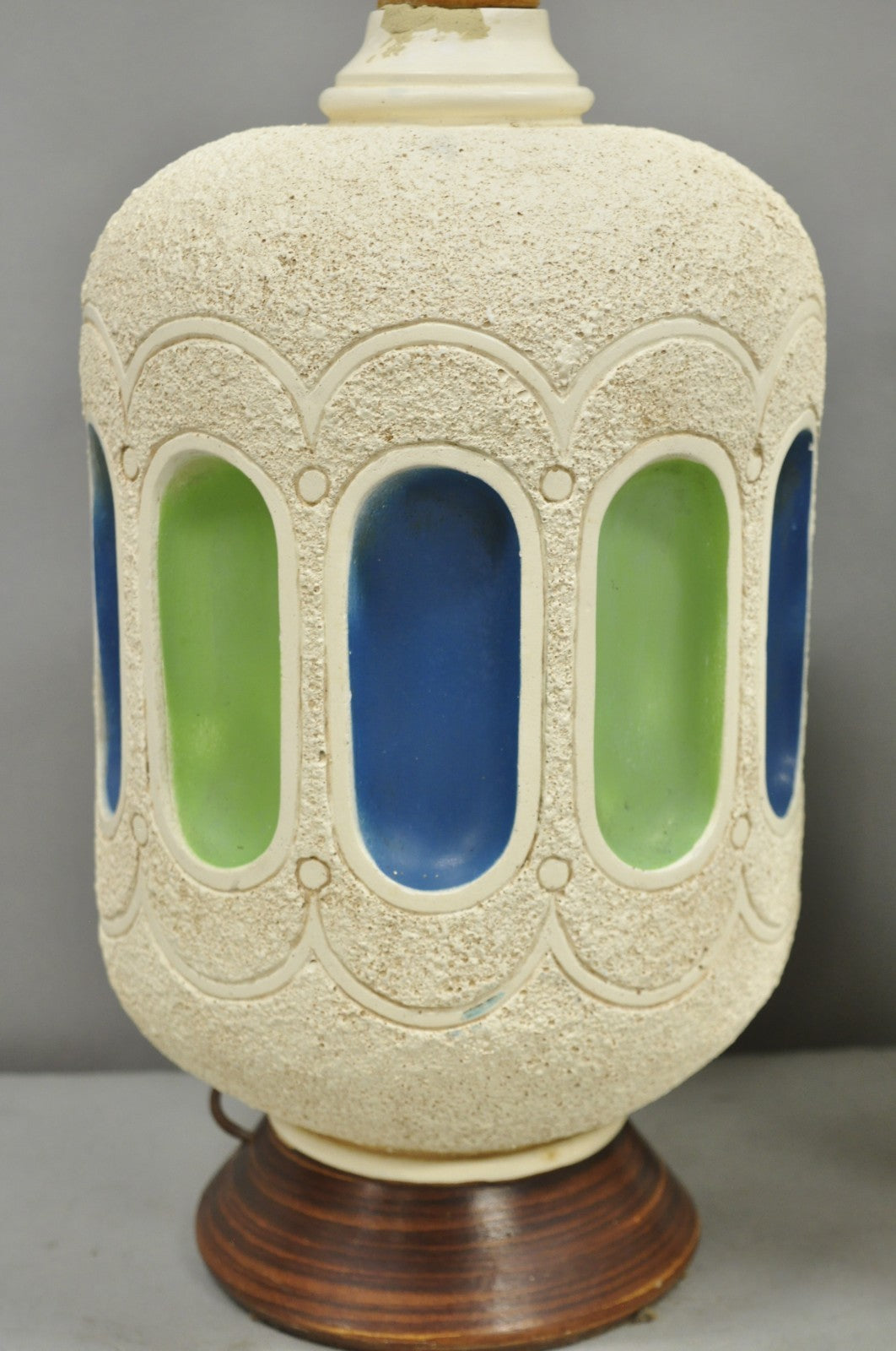 Vintage Mid Century Modern White Blue Ceramic Pottery Teak Table Lamps - a Pair