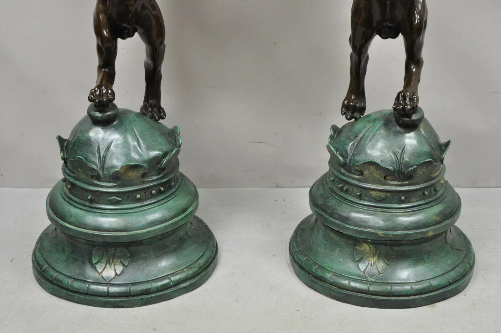 Regency Style Bronze Lion Figure Marble Top Pedestal Table after P.J Mene, Pair