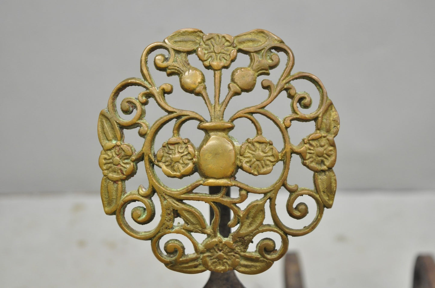 Antique French Art Nouveau Hand Hammered Wrought Iron & Bronze Andirons - a Pair