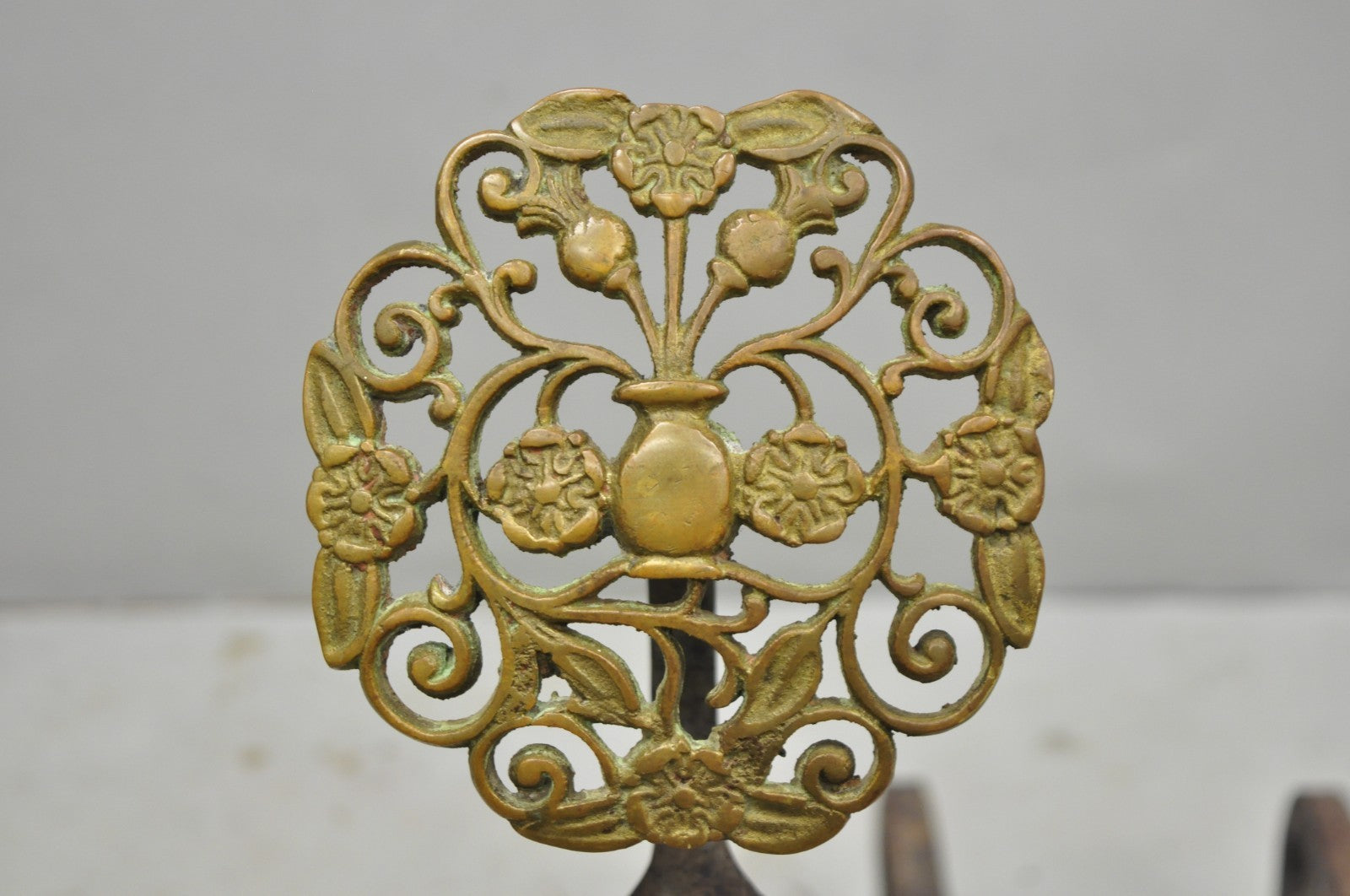 Antique French Art Nouveau Hand Hammered Wrought Iron & Bronze Andirons - a Pair