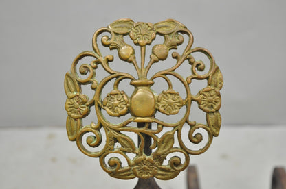 Antique French Art Nouveau Hand Hammered Wrought Iron & Bronze Andirons - a Pair