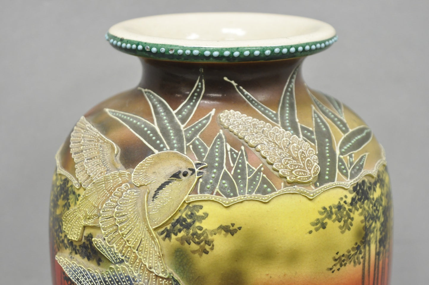 Antique Japanese Heavy Moriage Hand Painted Porcelain Oriental Bird Satsuma Vase