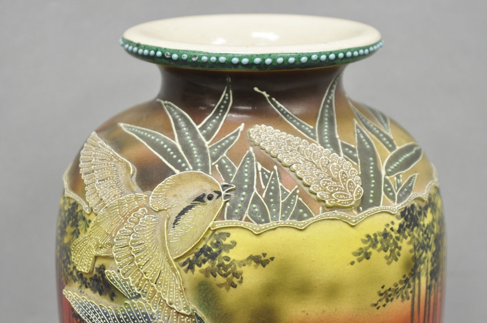 Antique Japanese Heavy Moriage Hand Painted Porcelain Oriental Bird Satsuma Vase
