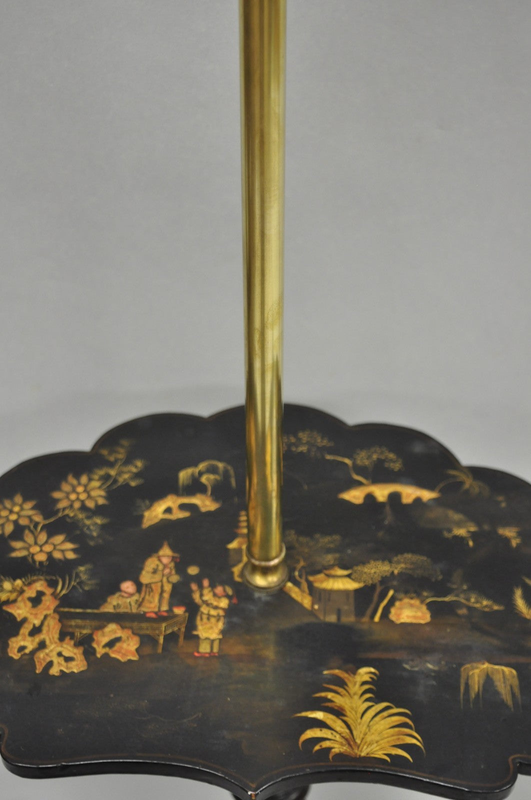 Antique Chinoiserie English Regency Black Lacquer Carved Wood Floor Lamp Table