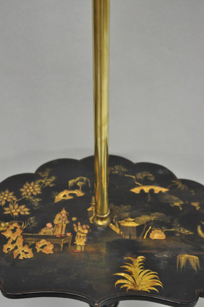 Antique Chinoiserie English Regency Black Lacquer Carved Wood Floor Lamp Table