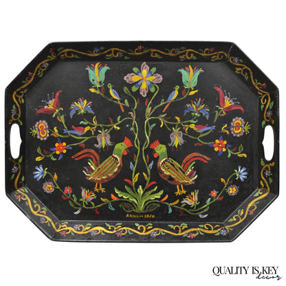 Vintage Lida Bell Clark French Country PA Dutch Hand Painted Toleware Metal Tray