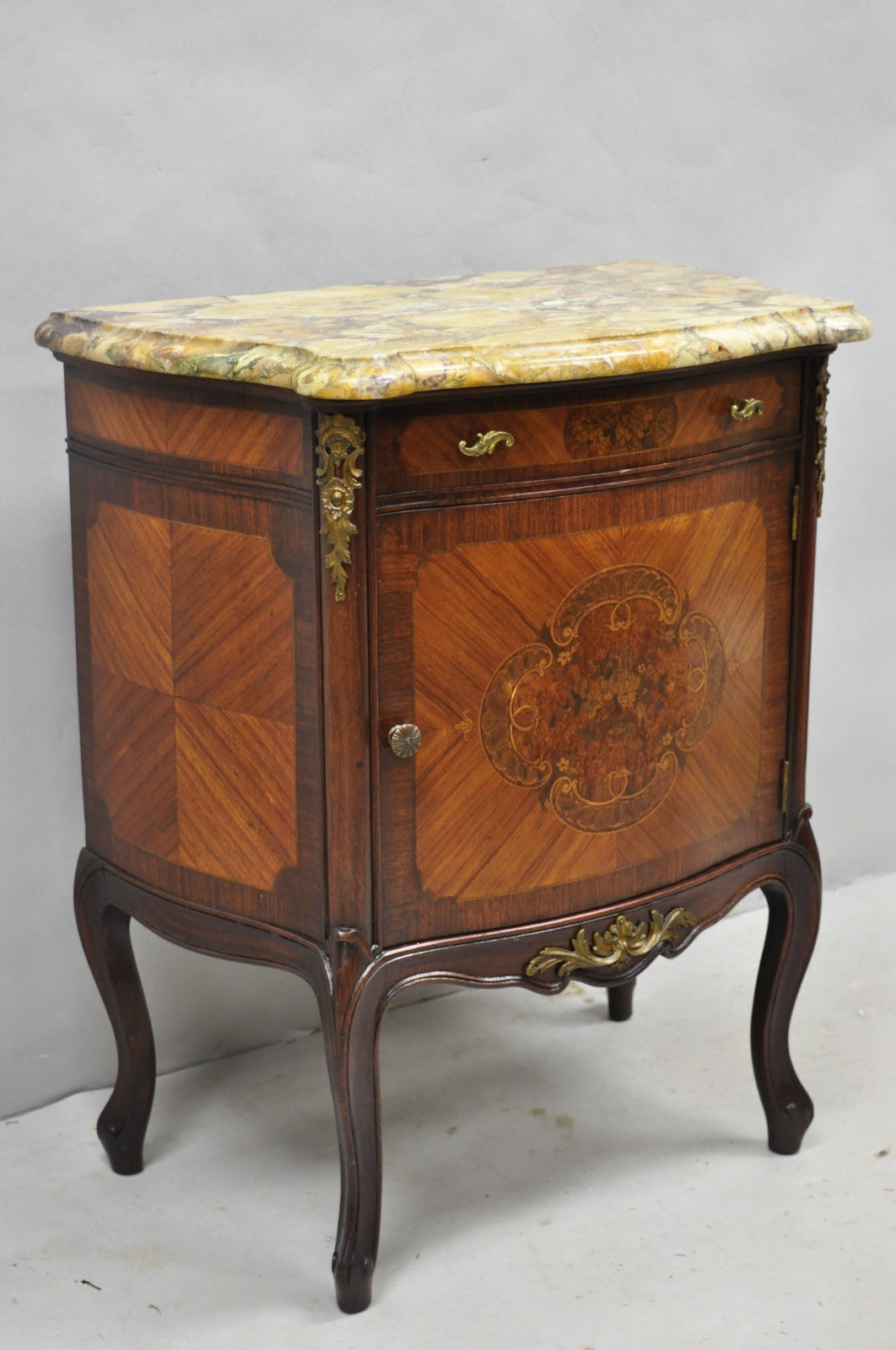 Antique French Louis XV Style Marble Top Satinwood Inlay Bombe Nightstand Table