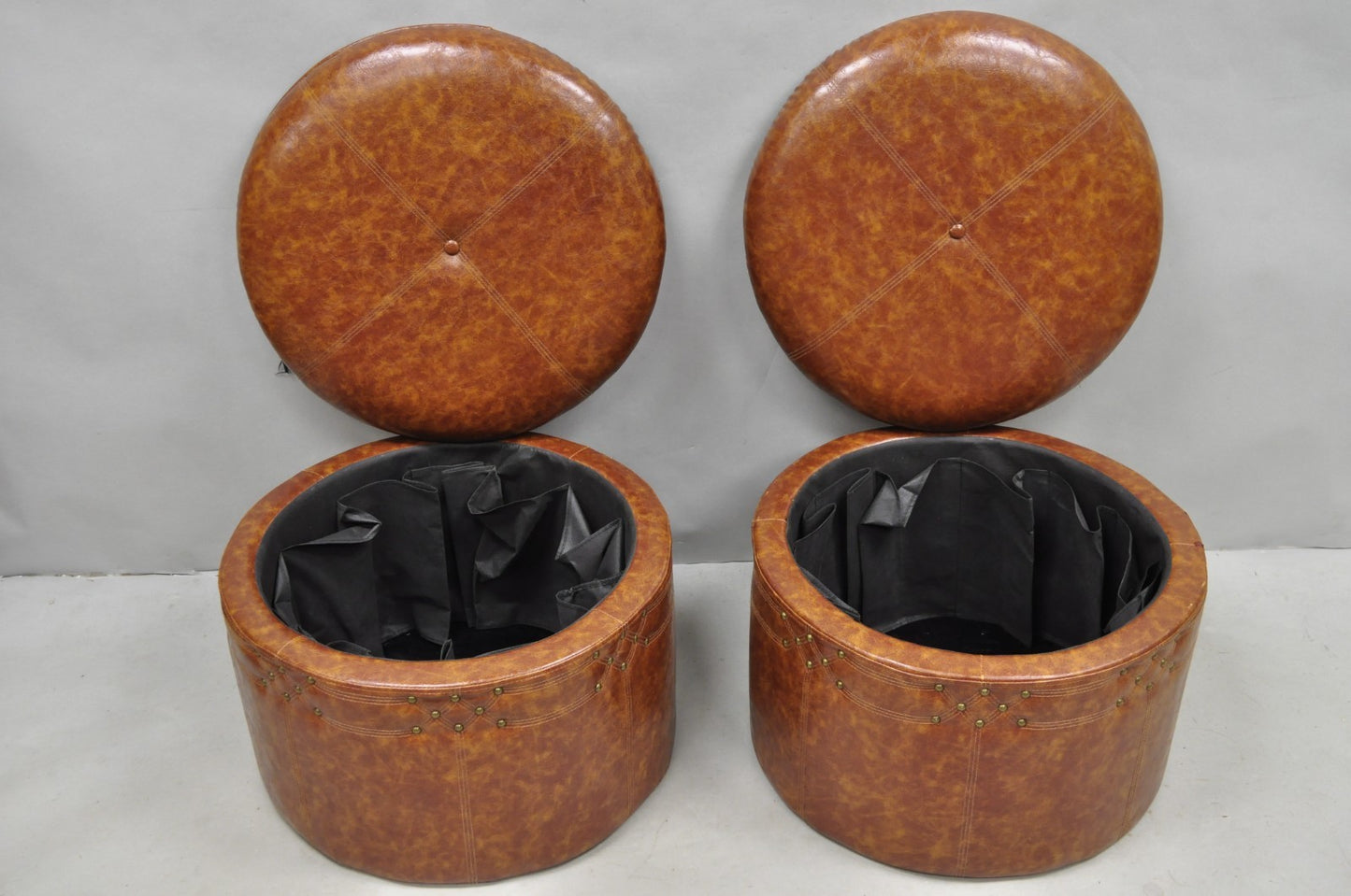 Contemporary Modern Moroccan Style Brown Faux Leather Round Storage Ottoman Pair