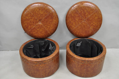 Contemporary Modern Moroccan Style Brown Faux Leather Round Storage Ottoman Pair