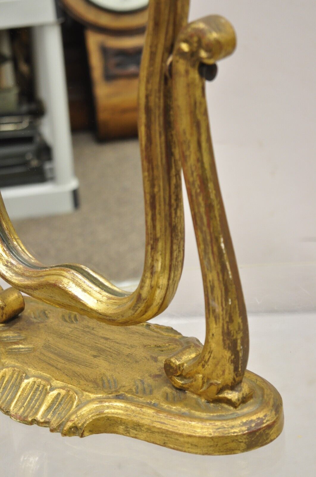 Italian Hollywood Regency Carved Gold Giltwood Distressed Small Vanity Mirror