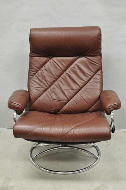 Vintage Ekornes Stressless Brown Leather Reclining Swivel Lounge Chair & Ottoman