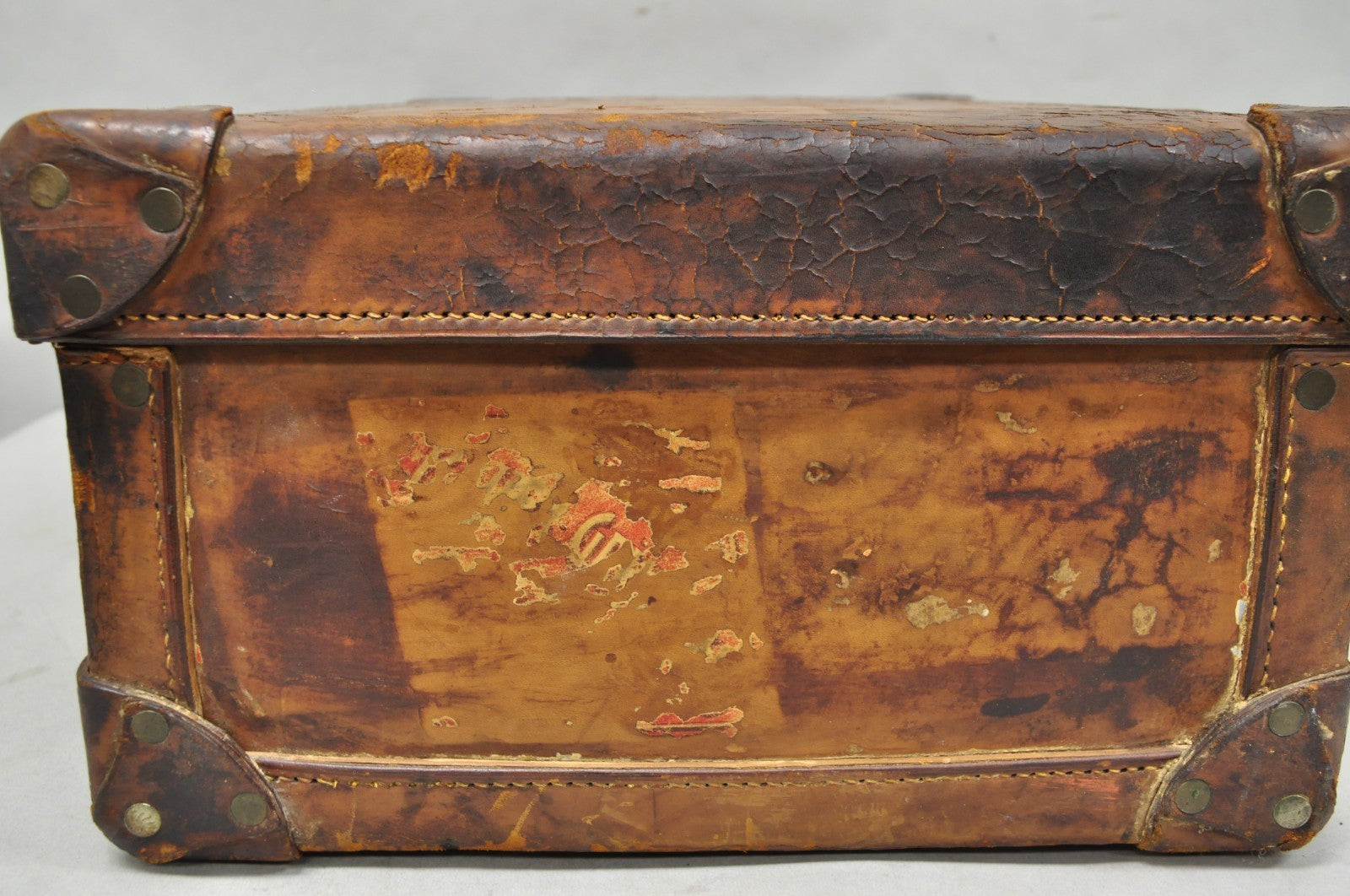 Antique Distressed Brown Leather English Art Deco 24" Suitcase Bag