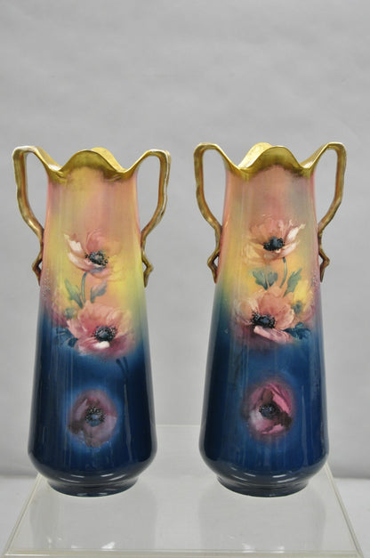 French Art Nouveau Floral Painted Blue Pink Porcelain Austrian 17" Vase - Pair