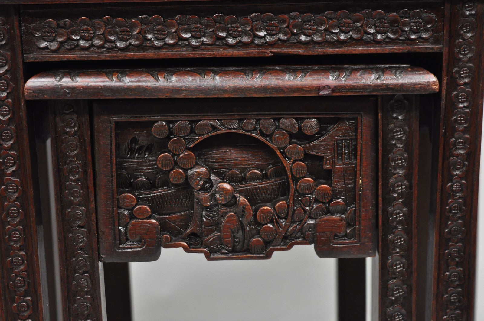 Antique Chinese Carved Rosewood Figural Nesting Side Tables w/ Drawer - 4 Pcs