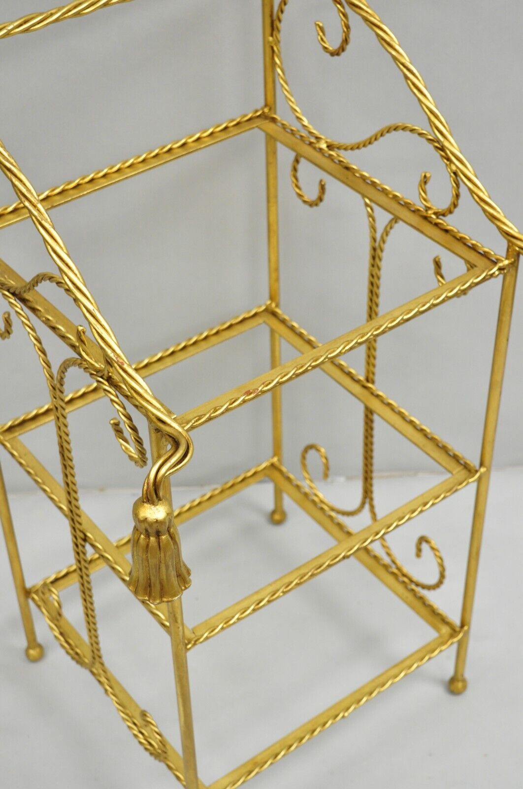 Italian Hollywood Regency Gold Gilt Iron Tassel 3 Tier Etagere Towel Rack Stand