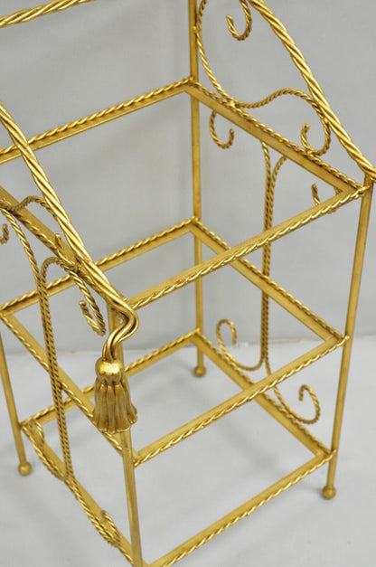 Italian Hollywood Regency Gold Gilt Iron Tassel 3 Tier Etagere Towel Rack Stand