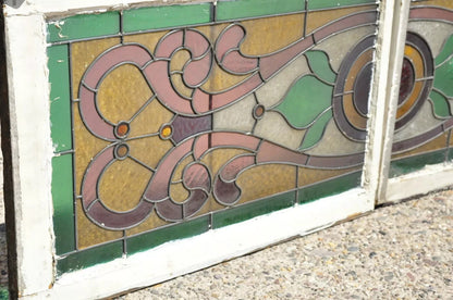 Antique Art Nouveau Stained Glass Pink Green Orange Windows w/ Jewels - Pair