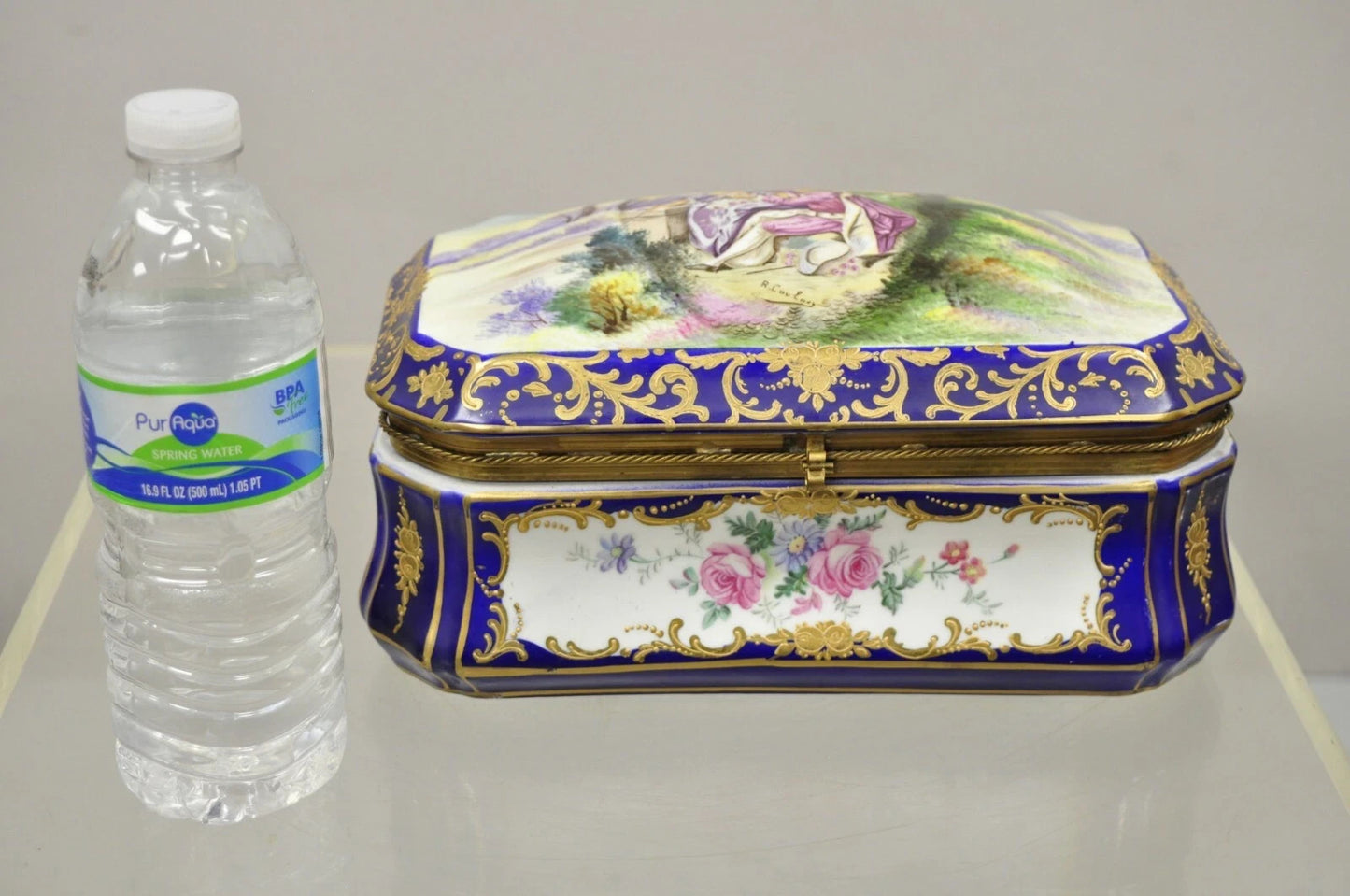 Antique French Victorian Porcelain Hand Painted Hinged Jewelry Trinket Box