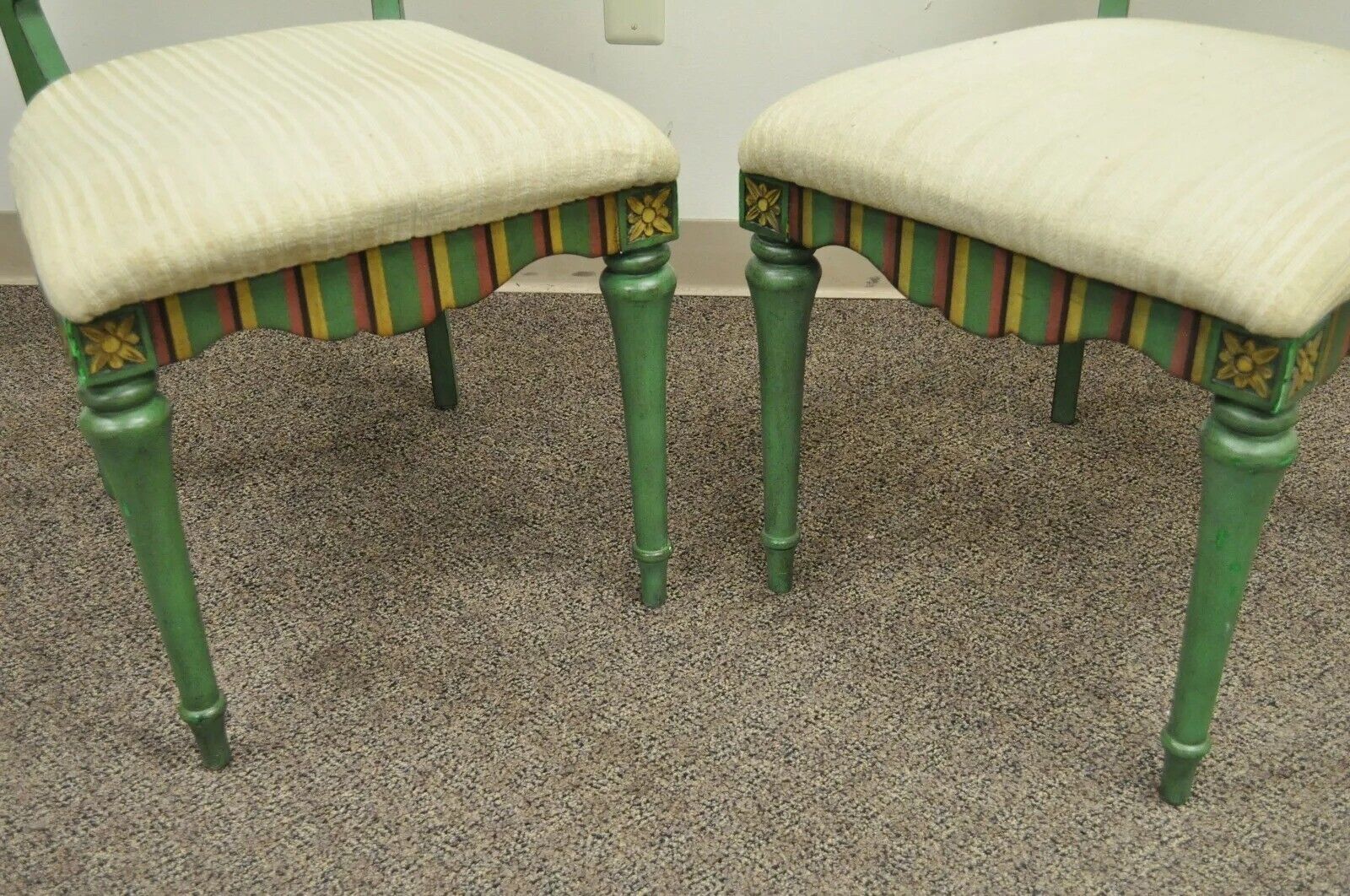 French Country Style Hollywood Regency Green Painted Dining Side Chairs - Set 4