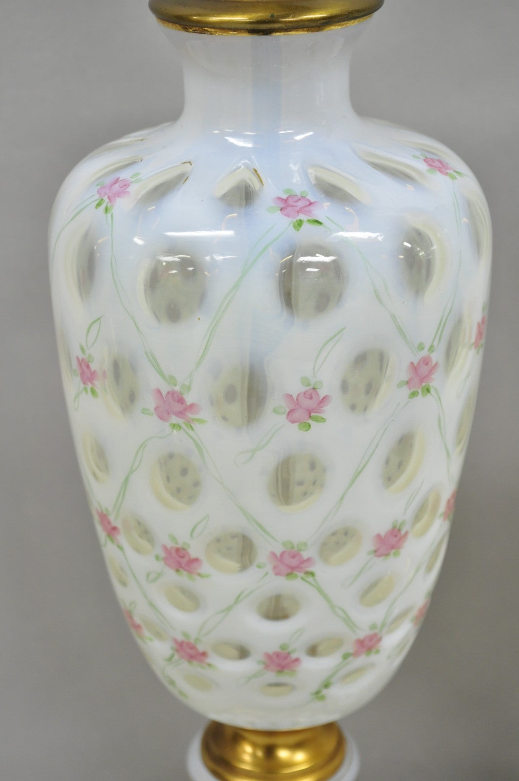 Antique Victorian White Czech Bohemian Rose Pink Painted Table Lamps - a Pair