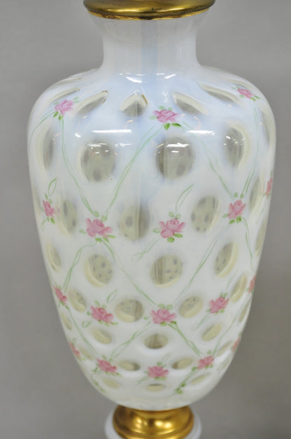 Antique Victorian White Czech Bohemian Rose Pink Painted Table Lamps - a Pair
