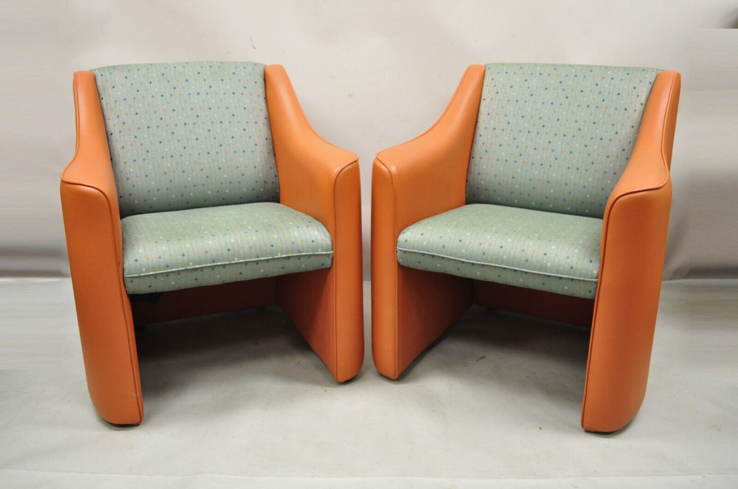 Modern Orange Upholstered Green Polka Dot Club Lounge Chairs - a Pair