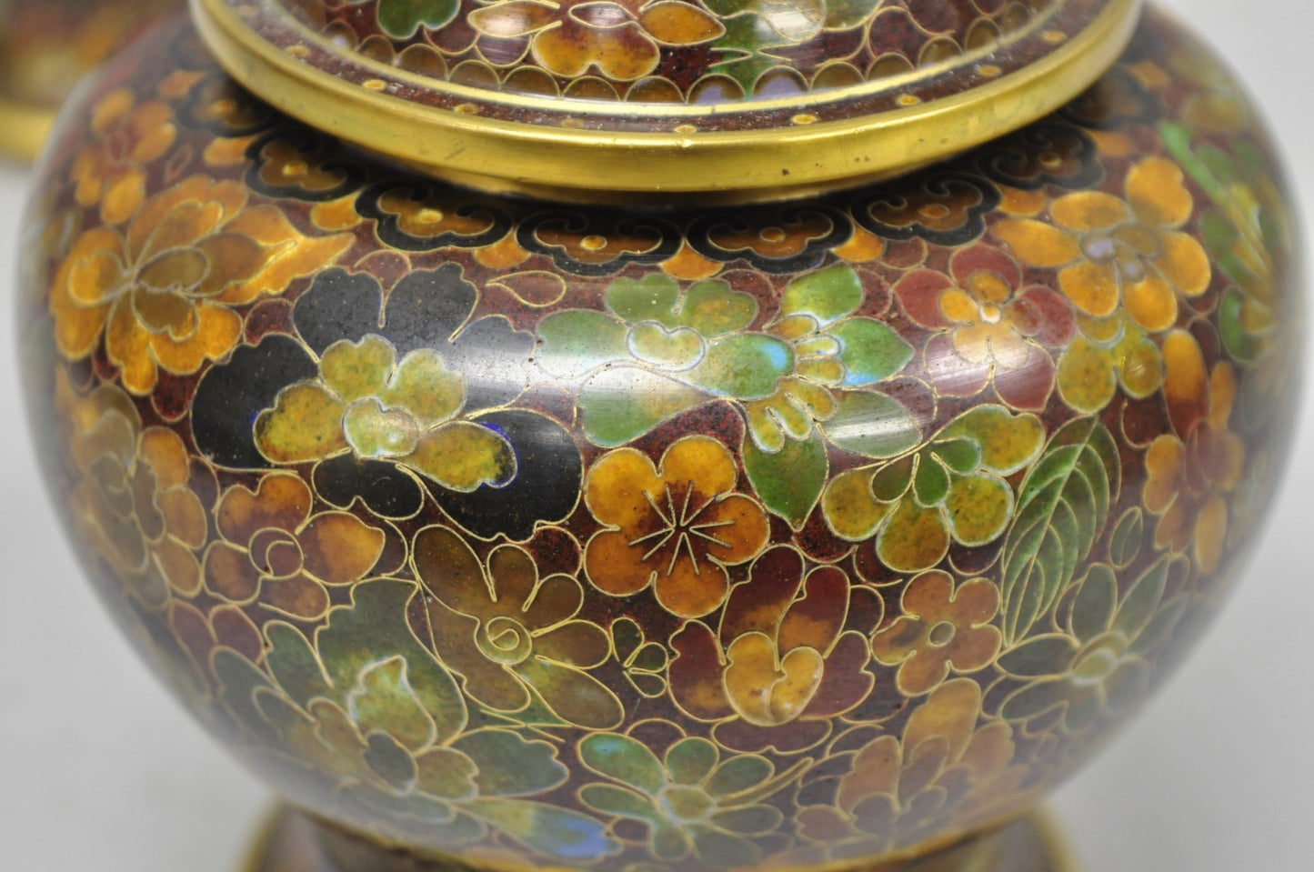 Vintage Cloisonné Chinese Small Enameled Brown Covered Ginger Jar on Stand, Pair