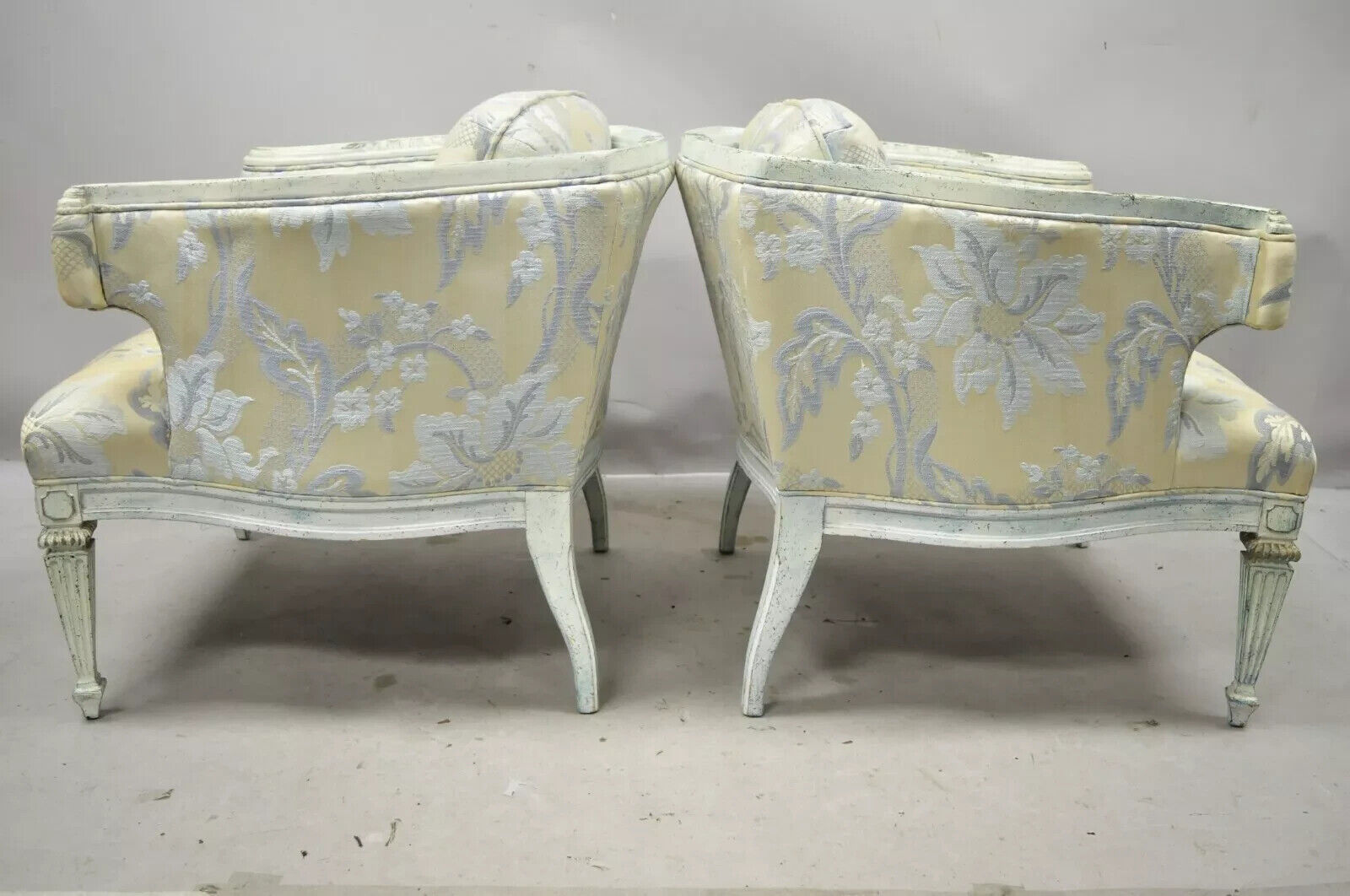 Vintage French Provincial Blue & Cream Painted Club Lounge Chairs - a Pair