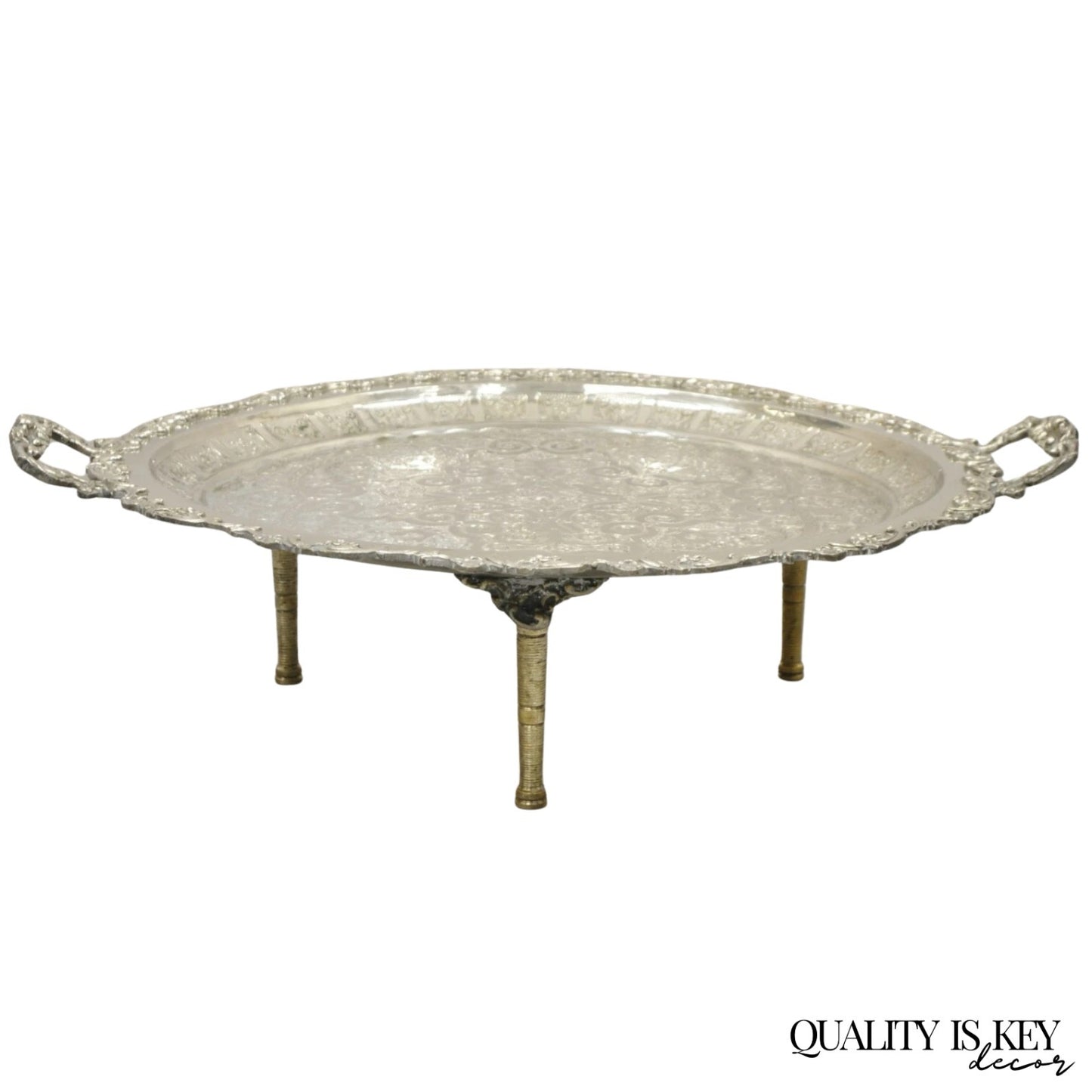 Large Victorian Style Oval Silver Plated Serving Platter Tray Raised on Feet