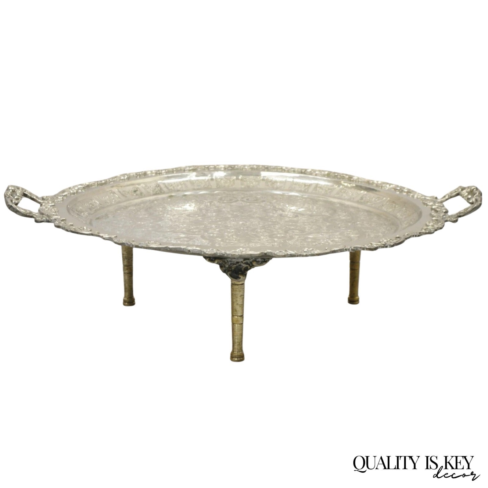 Large Victorian Style Oval Silver Plated Serving Platter Tray Raised on Feet