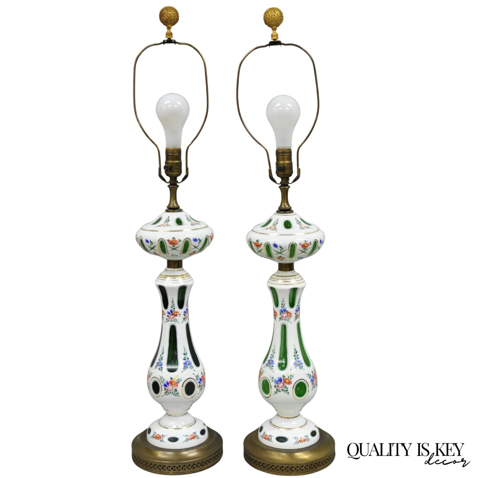 Antique Czech Bohemian Glass Emerald Green Flower Painted Table Lamps - a Pair