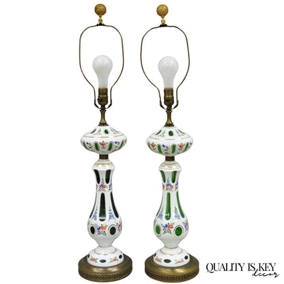 Antique Czech Bohemian Glass Emerald Green Flower Painted Table Lamps - a Pair
