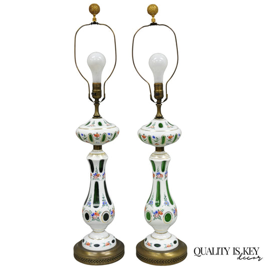 Antique Czech Bohemian Glass Emerald Green Flower Painted Table Lamps - a Pair