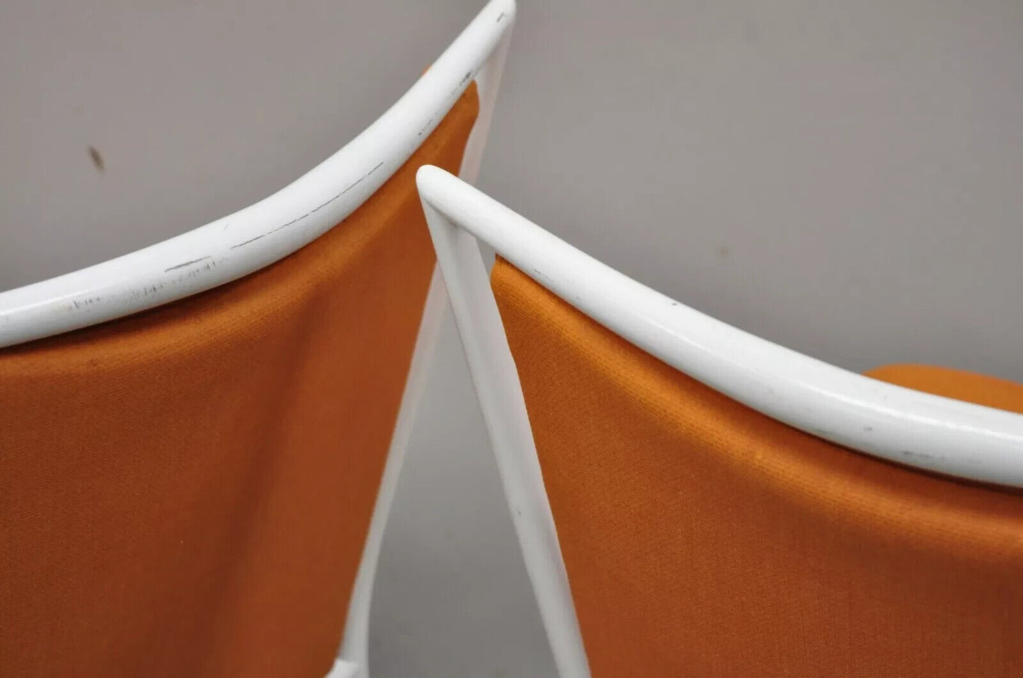 Vintage Mid Century Modern White Steel Metal Orange Dining Side Chairs - a Pair