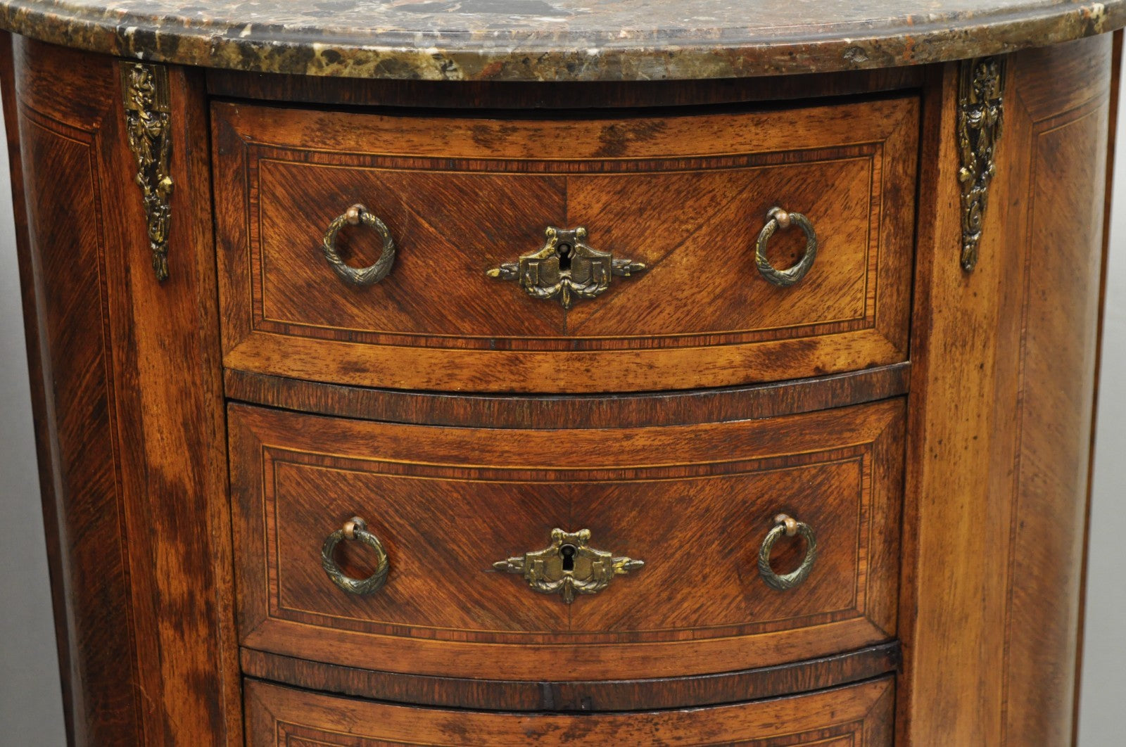 Antique French Louis XV Style Demilune Marble Top 4 Drawer Nightstand Table Pair