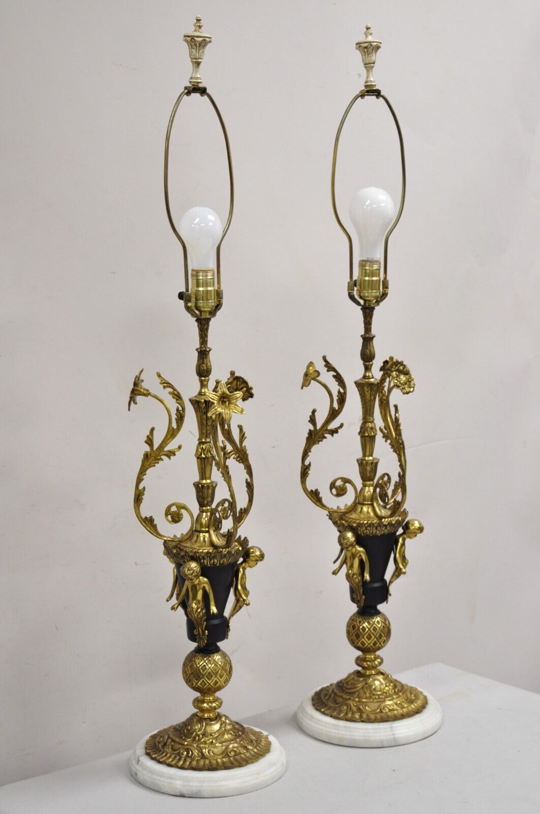 Vintage French Louis XV Brass & Marble Figural Table Lamps w/ Cherubs - a Pair