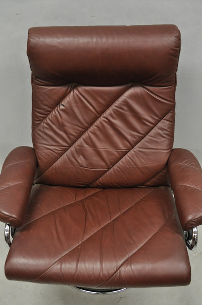 Vintage Ekornes Stressless Brown Leather Reclining Swivel Lounge Chair & Ottoman