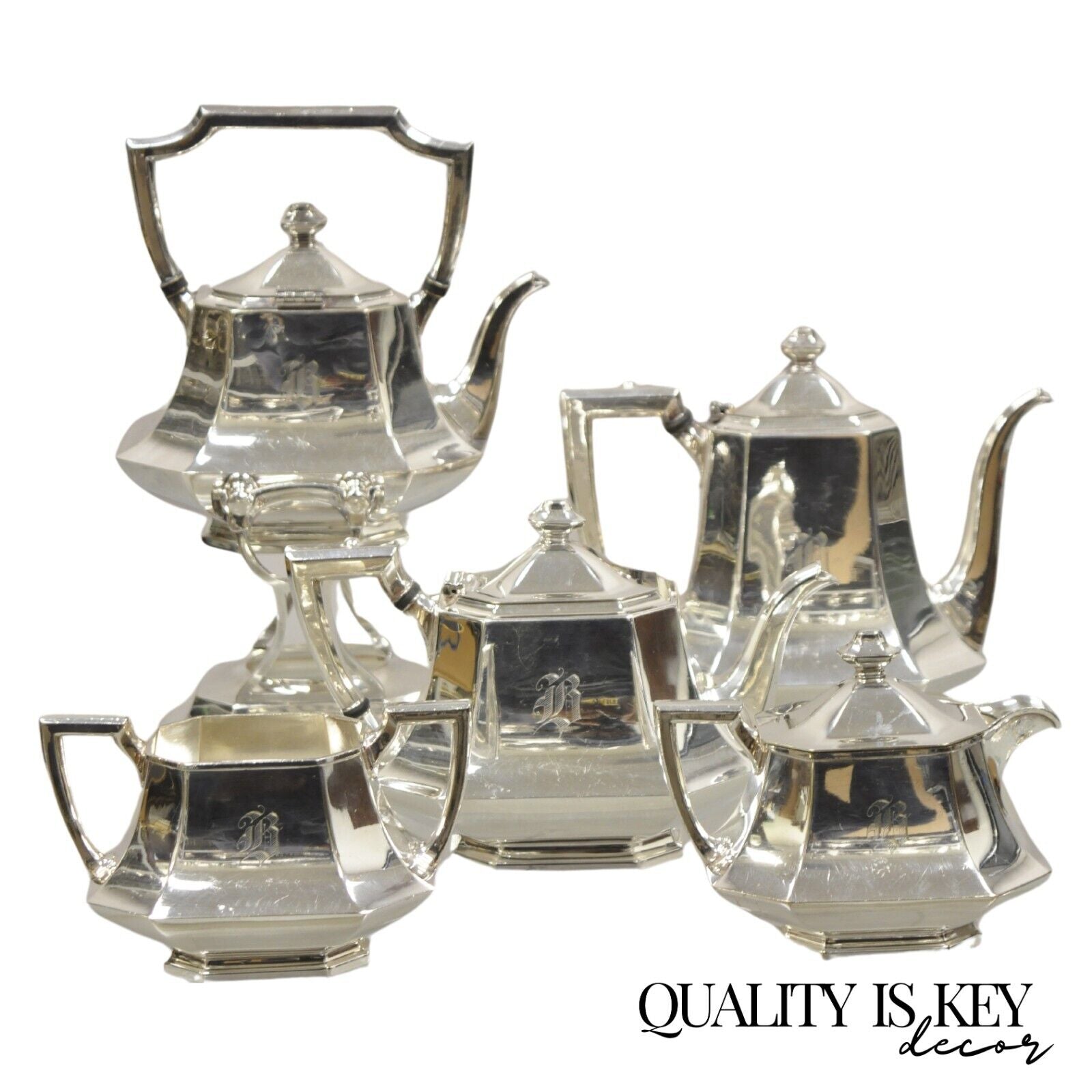 Antique Wallace 3104N Art Deco Octagonal Silver Plated Tea Set- 5 Pc Set