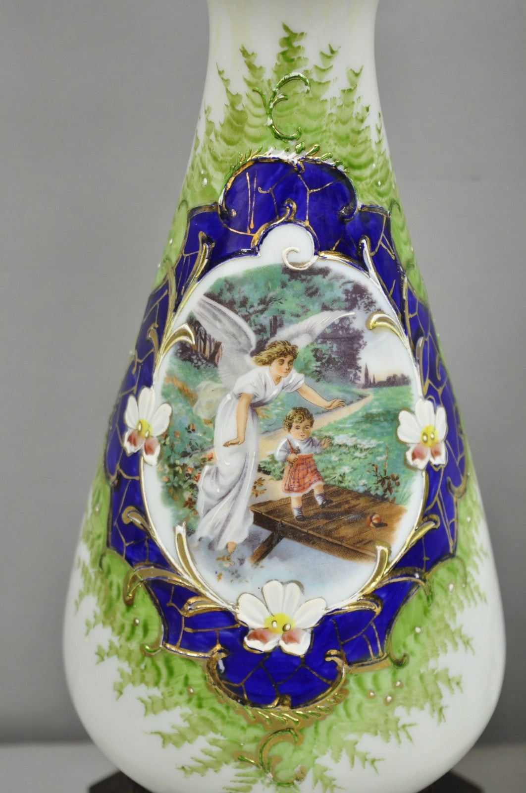 Antique Victorian French Hand Painted Angel and Child Glass Table Lamps - a Pair