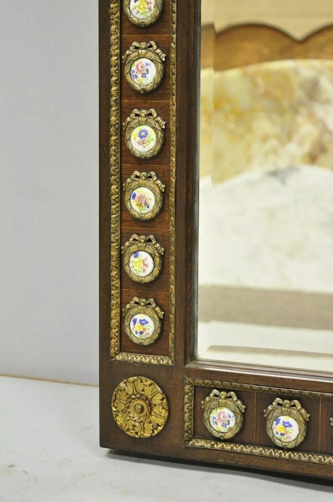 Vintage French Louis XV Style Brass Ormolu and Porcelain Plaque Wall Mirror