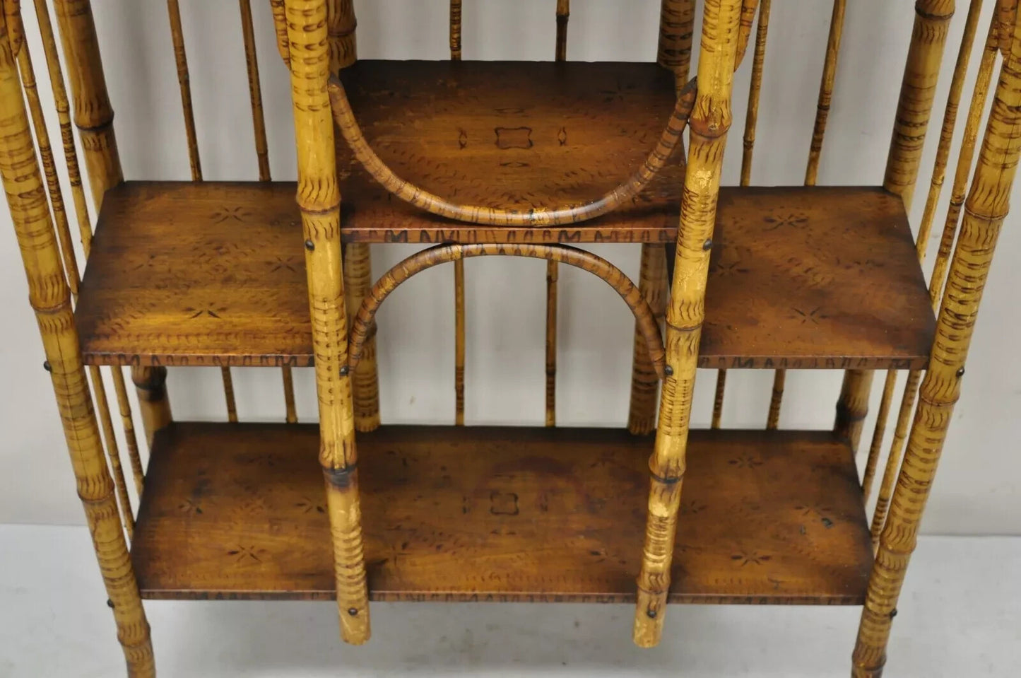 Antique English Victorian Bamboo Stick and Ball Curio Shelf Display Etagere