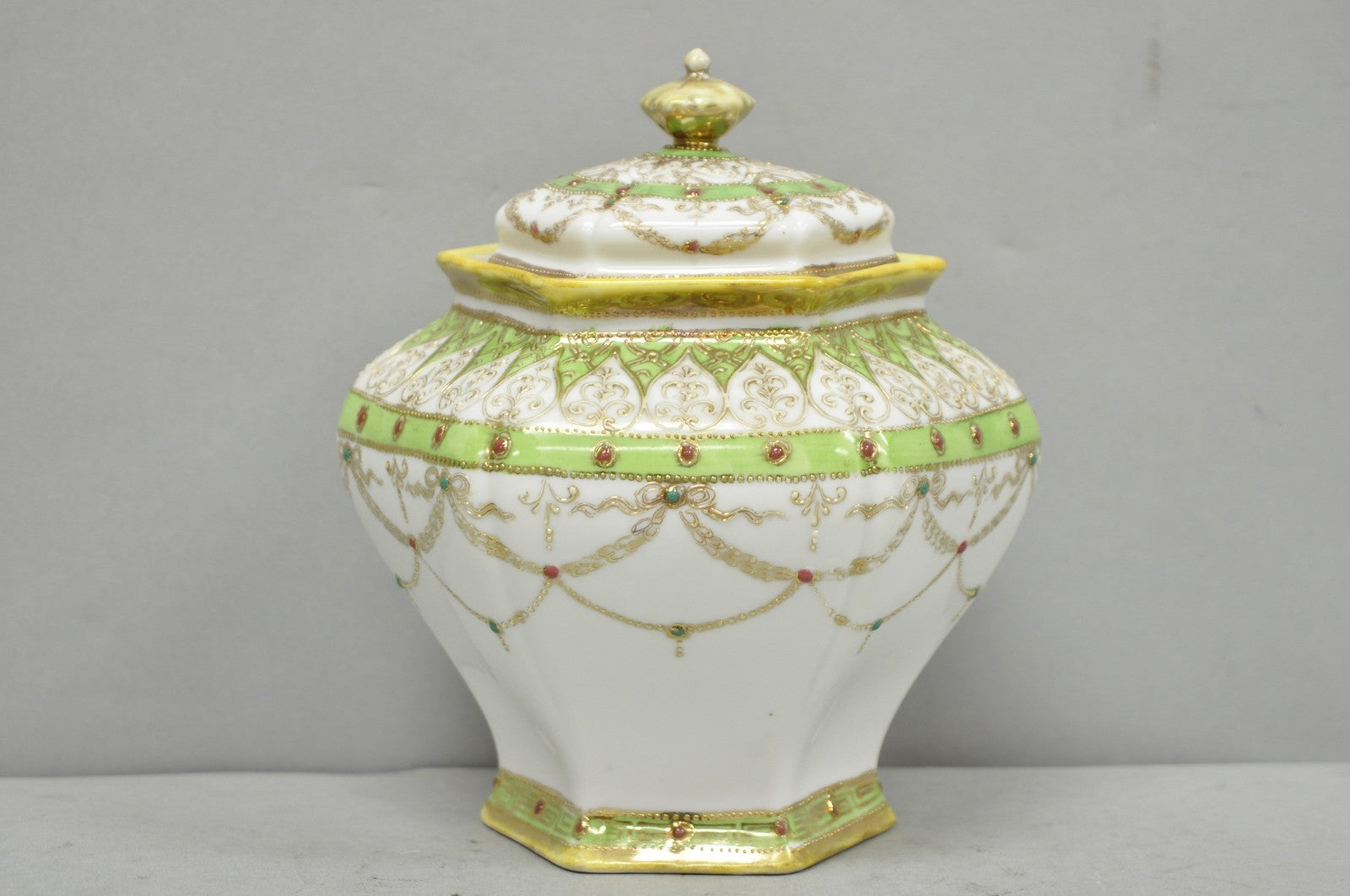 Antique Nippon Noritake Hand Painted Porcelain Gold Gilt Draped Biscuit Jar