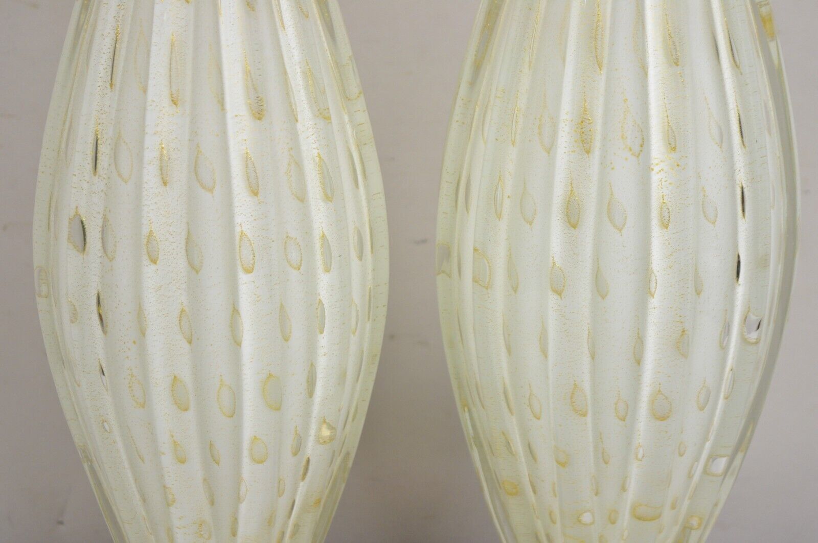 Vintage Murano Italy Camer Glass Gold Flecks White Sinuous Table Lamps - a Pair