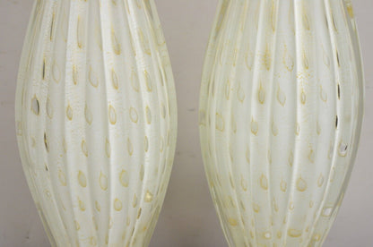 Vintage Murano Italy Camer Glass Gold Flecks White Sinuous Table Lamps - a Pair