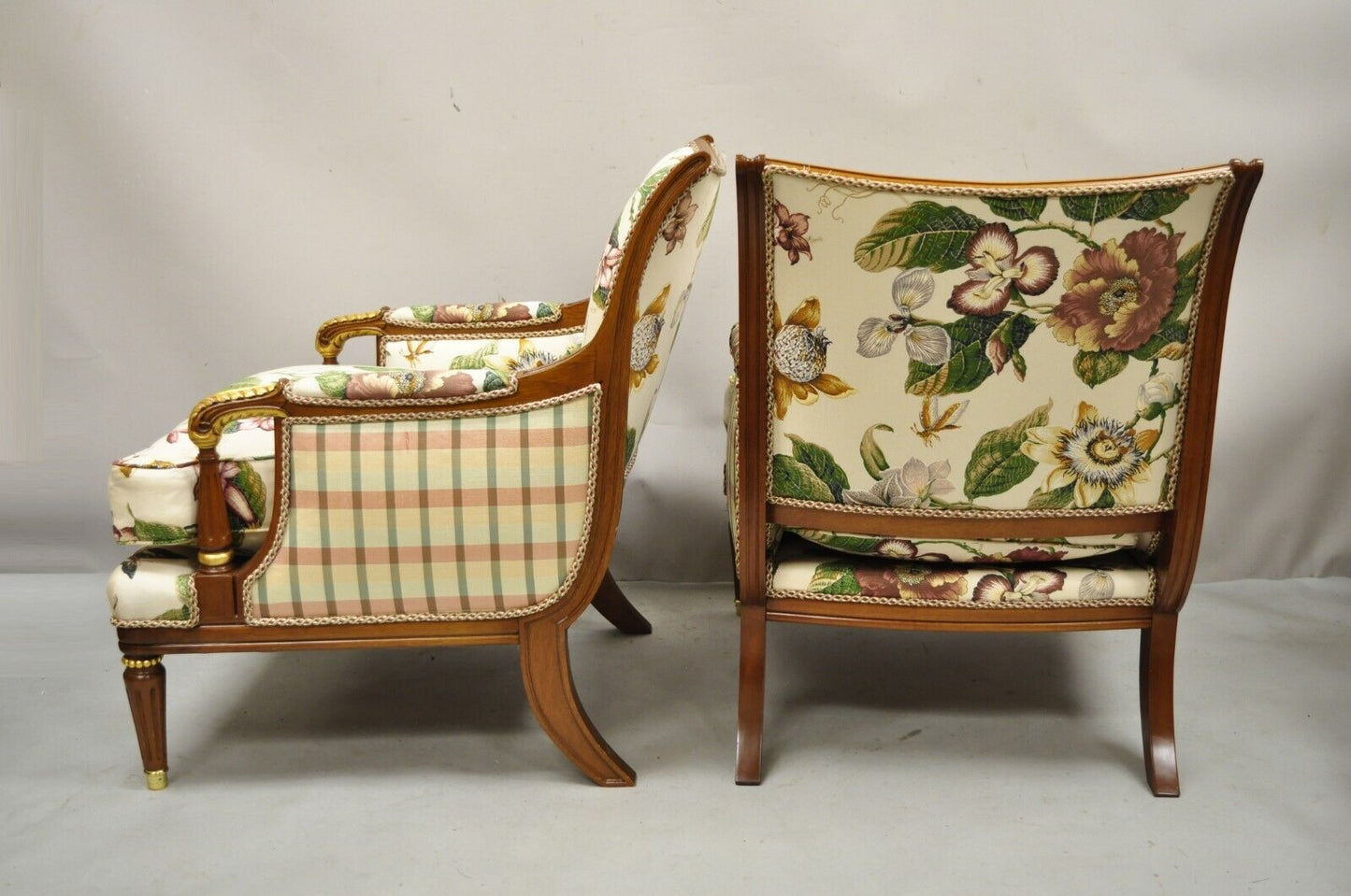 French Regency Style Floral Print Mahogany Frame Club Lounge Chairs - a Pair